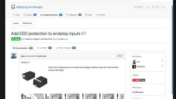 screenshow showing the supposed AllSpice interface. It resembles the GitHub interface, and shows a pull request open to add some ESD protection to a device.