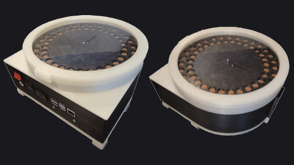 Two shots of the dispenser in question next to each other, showing it from different sides. One is showing the front panel, and the other shot gives us a better look at the top part, with a rotating disk that has openings for treats to be placed in.