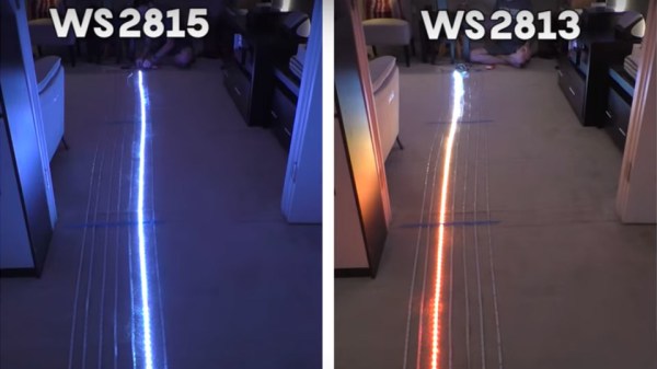 Image showing differences between WS2815 and WS2813 LED strips - the WS2815 strip lighting is more uniform throughout the strip's length.