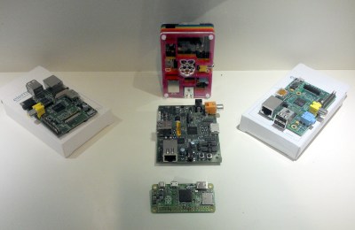 An array of Pi prototype boards pictured on display at the Cambridge University Computer Laboratory.