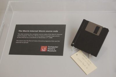 Computer History Museum exhibit of the floppy disk used to distribute the Morris worm computer virus.