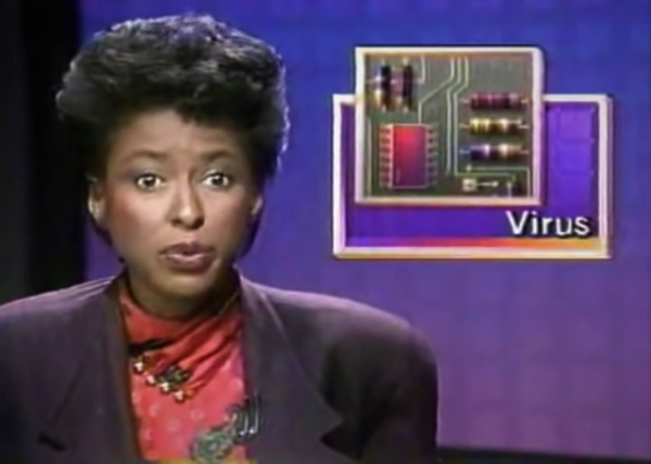 Screenshot of a 1988 news report on the Morris Worm computer virus
