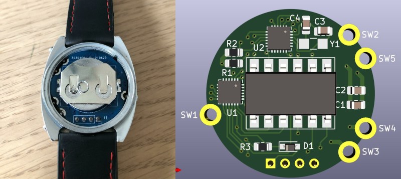 A vintage watch with a new PCB inside, next to a 3D rendered image of the PCB