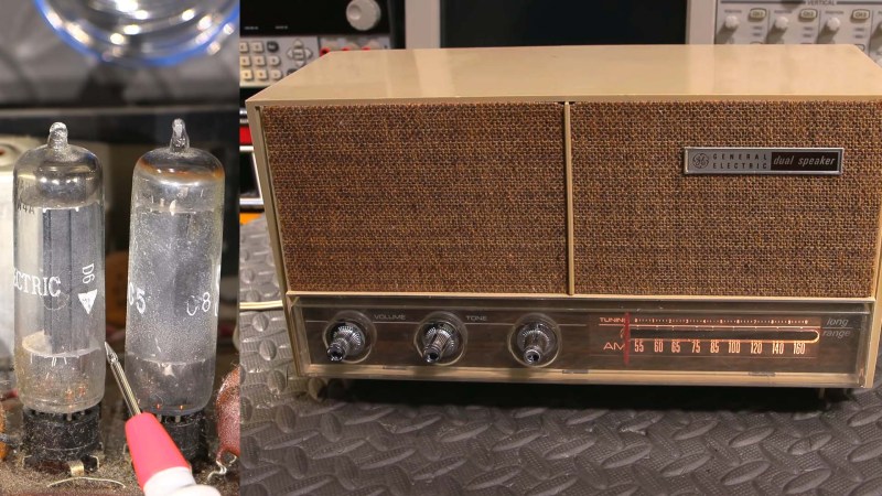 A beige 1960s radio receiver, inset with vacuum tubes
