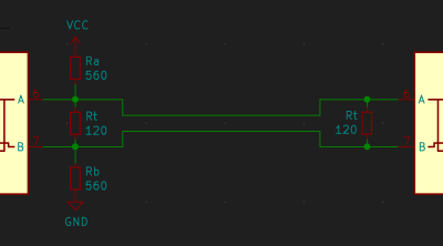 KiCad diagram of a typical biasing and termination network in a two-device RS485 link