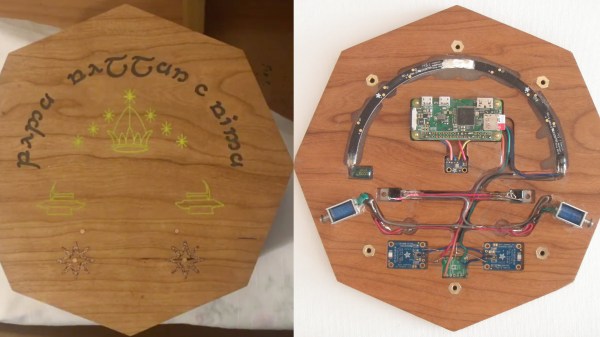 The octagonal wooden box described in the project. On the left, outer surface of the box is shown, with "Say Friend And Come In" inscription, as well as a few draings (presumably from Lord of The Rings) and two metallic color stars that happen to serve as capacitative sensor electrodes. On the right, underside of the lid is shown, with all the electronics involved glued into CNC-machined channels.