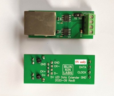 Picture with two boards that use RS485 transmitters for sending addressable LED signals over long wires