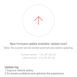 Scooter app firmware update dialog, saying "New firmware update available. Update now?"