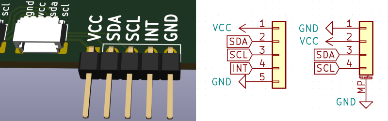 The proposed solution for I2C connectors on boards - a JST-SH QWIIC-like connector next to a 5-pin pin header connector, with schematics shown.