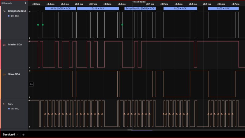 Screenshot of a logic analyzer software, showing the SDA channel being split into three separate traces