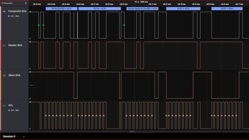 Screenshot of a logic analyzer software, showing the SDA channel being split into three separate traces