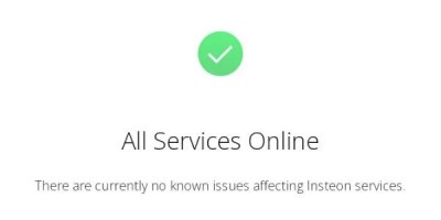Screenshot of Insteon's 'service status' page, saying "All Services Online: There's currently no known issues affecting Insteon services"