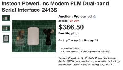 screenshot of an eBay auction listing for an Insteon modem, going as high as $386