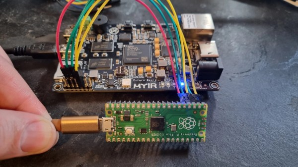 A Pi Pico connected to a MYIR Z-turn board with a set of jumper wires
