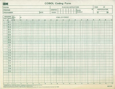 An IBM COBOL coding form from the 1960s.