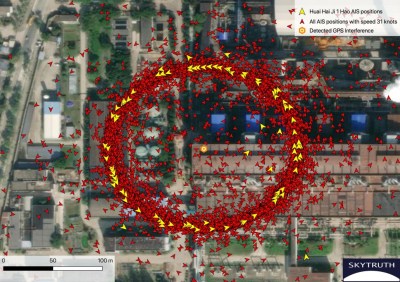 GPS interference can be pinpointed based on this ring of false AIS positions. Approximately 200 meters in diameter, many of the positions in the ring had reported speeds near 31 knots (much faster than a normal vessel speed) and a course going counterclockwise around the circle. AIS data courtesy Global Fishing Watch / Orbcomm / Spire.