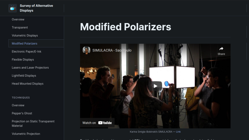 Screenshot of the website, showing the sidebar with technology types on the left, and an entry about modifying LCD polarizers on the right, with a video showing an art piece using LCD polarizers