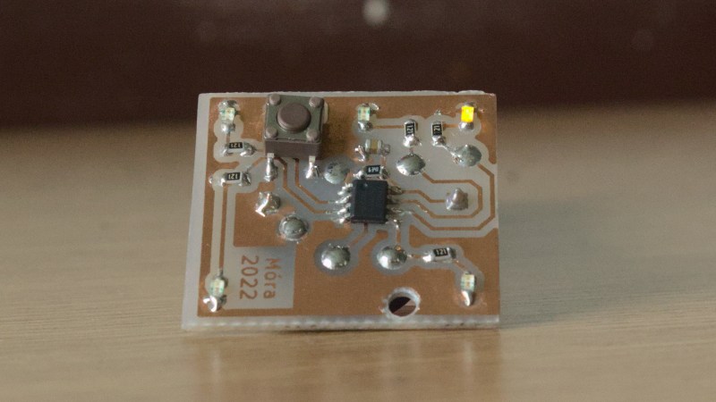 An ATTiny board that one of the students developed for this project, etched on single-sided FR4.