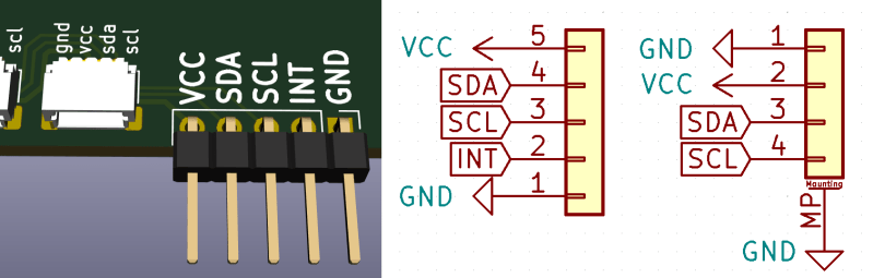 The proposed solution for I2C connectors on boards - a JST-SH QWIIC-like connector next to a 5-pin pin header connector, with schematics shown.