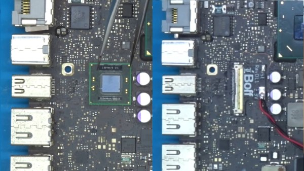 On the left, the Thunderbolt chip as mounted on the motherboard originally. On the right, the shim installed in place of a Thunderbolt BGA chip, with the IPEX connector soldered on
