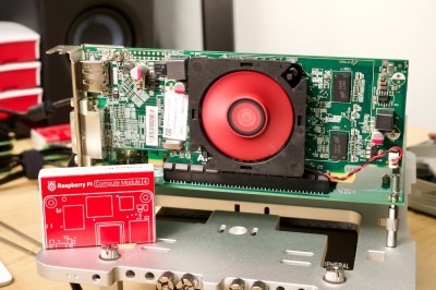 A GPU on what seems to be a riser card of some sort, with a Raspberry Pi Compute Module box in front of it