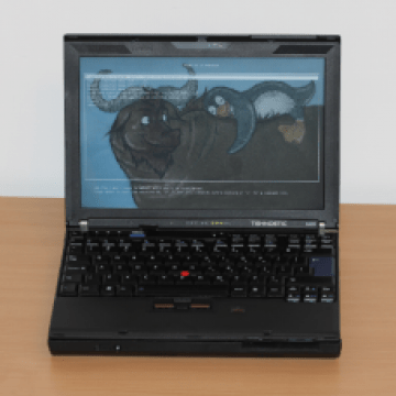 Photo of a Thinkpad X200 on a desk, display showing a GRUB menu that has a cute picture of the GNU mascot in the background