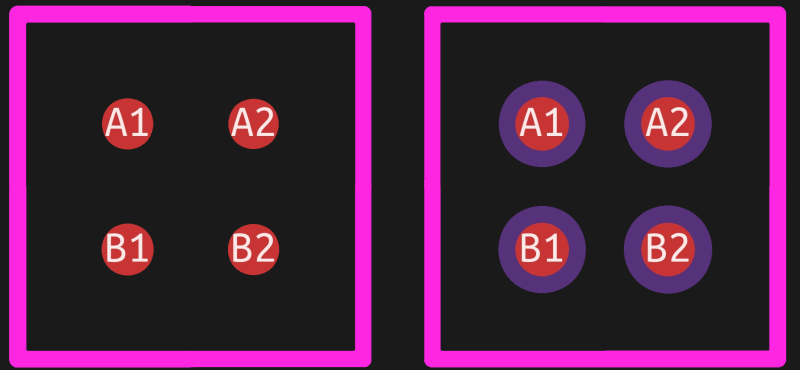 PCB footprint of a 4-pin BGA with SMD and NSMD pads