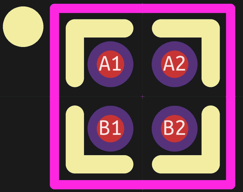 A PCB footprint for a 4-pin BGA package, including silkscreen and courtyard