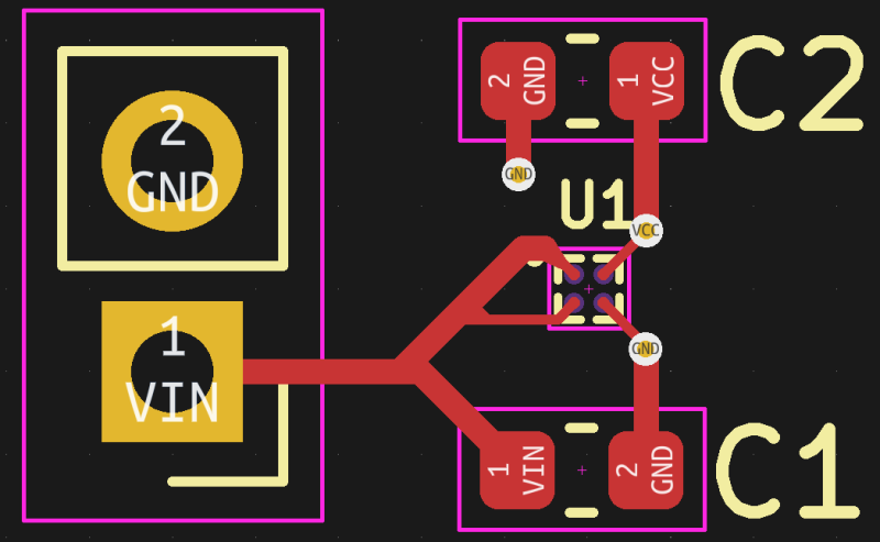 A PCB layout with a pinheader, two capacitors and a 4-pin BGA package