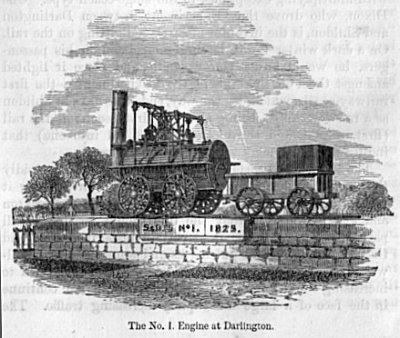 The No. 1 engine developed by George Stephenson for the Stockton and Darlington Railway, called 'Locomotion'. (Source: Lives of the Engineers, 1862)
