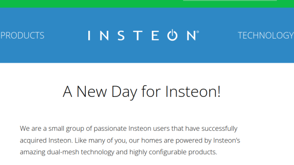 Screenshot of the Insteon's new blog post, showing the Insteon logo in the header, the "A New Day for Insteon!" title, and some of the intro paragraph of the blog post