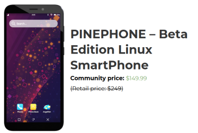 Screenshot of the PinePhone product listing from the Pine64 store, showing that it currently sells for $150