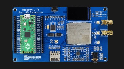 A blue PCB with a Pi Pico and the Quectel modem on it, an IPS screen above the modem, and a few other bits&pieces like connectors