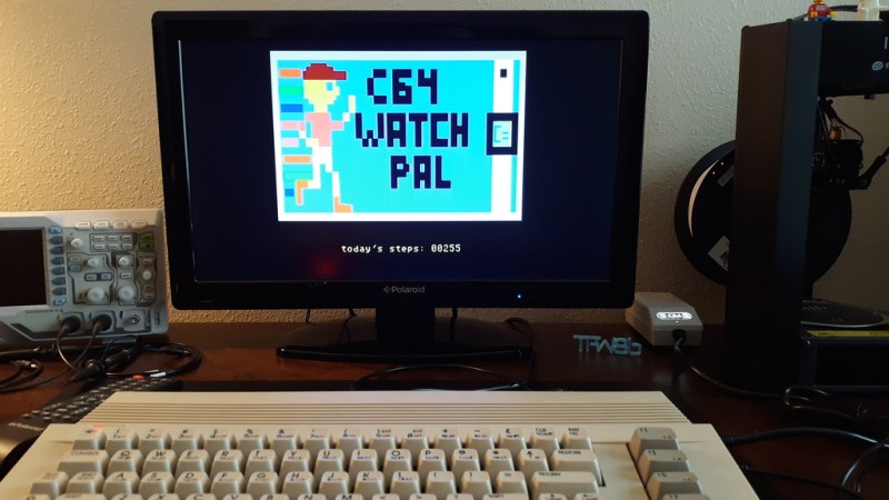 A Commodore 64 running a smartwatch link program