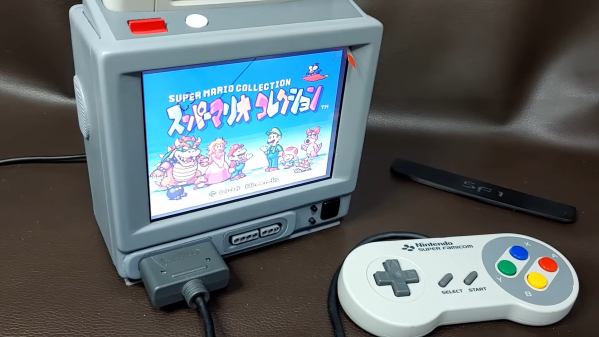 A tiny TV playing Super Mario All-Stars