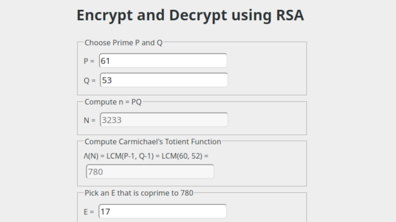 Screenshot of the RSA calculator, showing the fields that you can fill into and the results as they propagate through the calculation