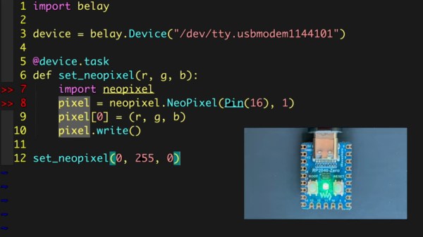 screenshot from the video linked, showing example code that lights up an LED, and in a small window, also shows the LED lit up on a small Pi Pico board connected over USB