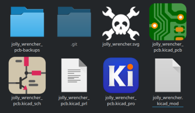 A screenshot of a file explorer, showing KiCad PCB files of a Jolly Wrencher (Hackaday symbol).