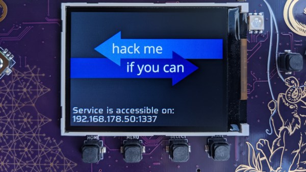 Photo of the MCH2022 badge's screen, showing the "Hack me if you can" app's start splashscreen, saying "Service is accessible on IP ADDRESS : 1337"