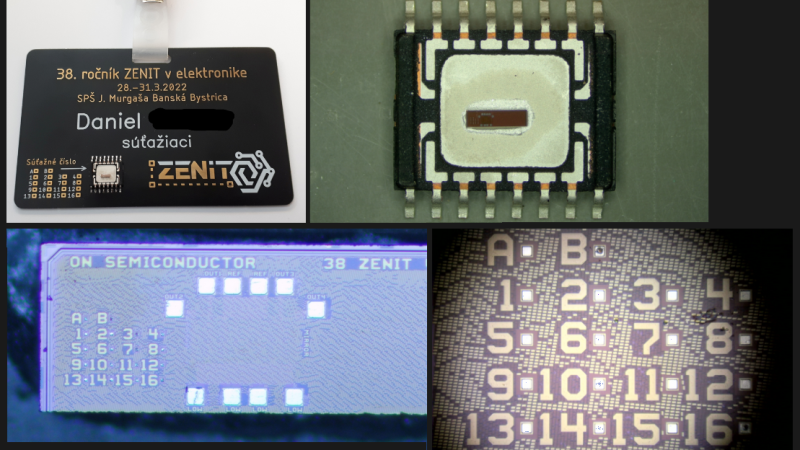 Conference badge with the custom chip soldered-on on top left, the custom chip itself in a SOIC-16 package on the top right, two close-up die shots on the bottom