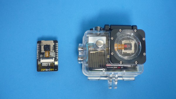 The project's hardware, including the ESP32 camera module, stuffed into the GoPro-intended waterproof shell. The camera portion of the ESP32 module sticks out exactly where the GoPro's camera would be. To the left, a hacked ESP32-CAM module is shown.