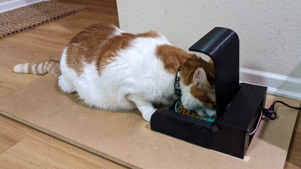 An orange and white cat eats from a bowl with a hinged cover. The cat and the bowl are on top of an MDF platform.