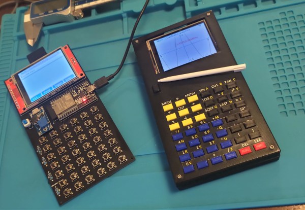 A graphing calculator with a 3D-printed enclosure, with a circuit board next to it