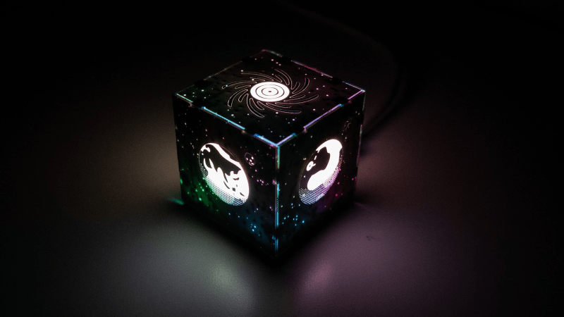 Shot of CubeTouch, a six sided cube built out of PCBs with each of the top PCB allowing for diffusion of the LEDs on the inside to shine through