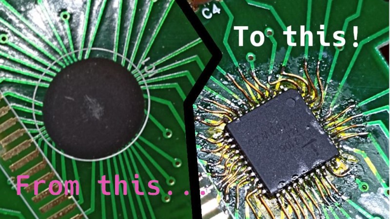 On the left, an image of a COB on the multimeter's PCB. On the right, a QFP IC soldered to the spot where a COB used to be, with pieces of magnet wire making connections from the QFP's pins to the PCB tracks.