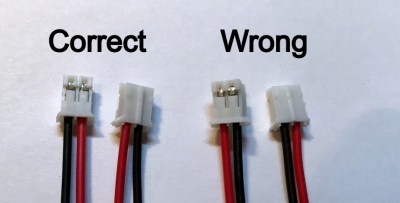 Showing two pairs of JST-PH plugs. On the left, the two plugs are wired the Adafruit way described in the article, and text above says "Correct". On the right, the two plugs are wired the opposite way, and text above says "Wrong".