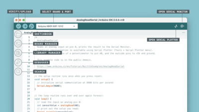 Arduino IDE v2.0 screen with callout tags to identify features