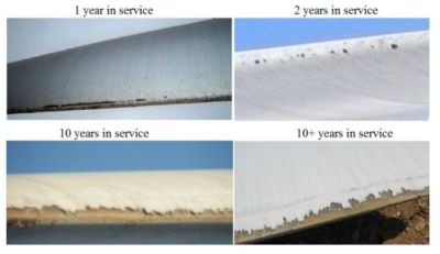 Examples of leading edge erosion in the field across a range of years in service. (Credit: 3M)