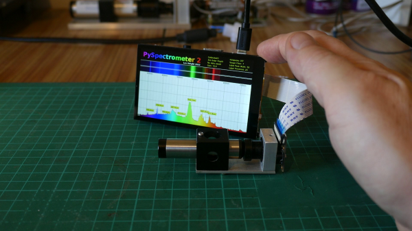 PySpectrometer version 2, showing mini spectroscope, 4 inch display and hand for scale
