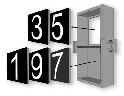 An exploded view of one of the flip calendar digit display, showing how the tiles fit into the chamber.